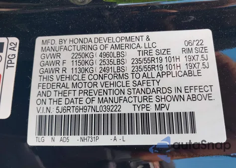 2022 Honda Cr-V Hybrid Touring z USA, uszkodzony, nr VIN 5J6RT6H97NL039222